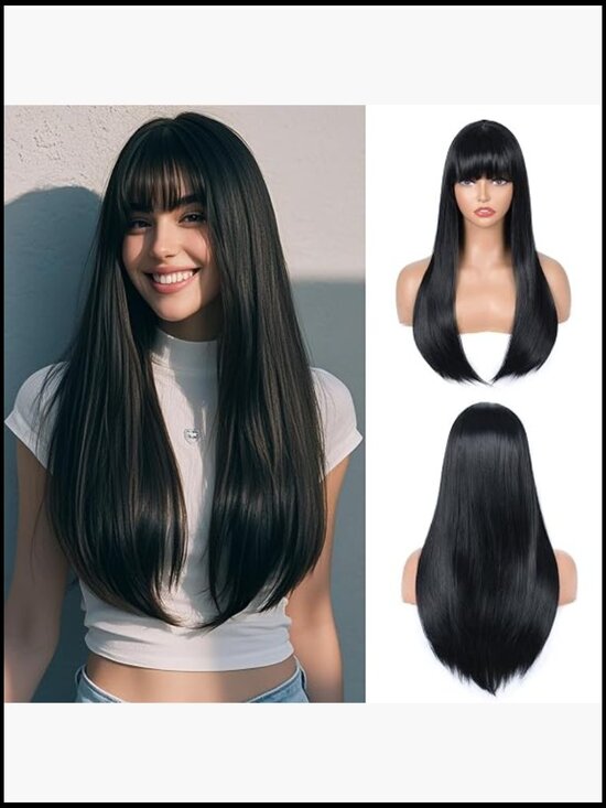 Long Straight Wig with Bangs Heat Resistant Synthetic 24 inch Daily Party main image 6
